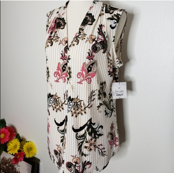 NEW Liz Claiborne White Paisley June Top Sleeveless Green Preppy Summer Slim Fit - Picture 1 of 6